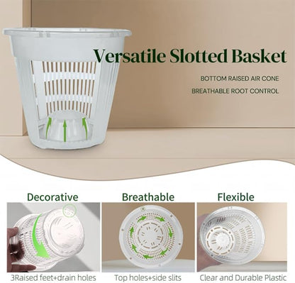 MUZHI 2 Layer Orchid Pot with Holes,Inner Clear Mesh Slotted Basket with Drain Tray 5.4”, Decorative Breathable Plastic Orchid Flower Pot for Indoor and Outdoor Phalaenopsis Growing Container White