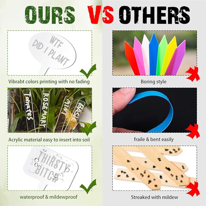 arricraft 15 Pcs T-Shaped Acrylic Plant Labels, Funny Phrases Jokes Waterproof Garden Stake Labels Transparent Funny Marker for Potted Plants Nursery Marker Decoration 4×2.68inch