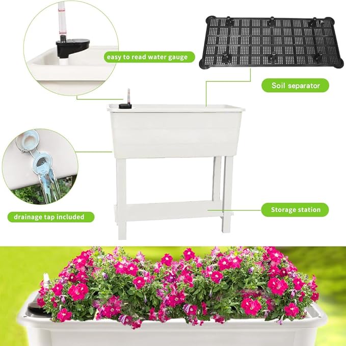 3 Pcs Self Watering Elevated Raised Garden Bed, Large Outdoor Plastic Planter Box Big Flower Plant Pot for Planting Flowers Vegetables and Herbs (3, White)