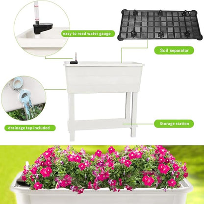 3 Pcs Self Watering Elevated Raised Garden Bed, Large Outdoor Plastic Planter Box Big Flower Plant Pot for Planting Flowers Vegetables and Herbs (3, White)