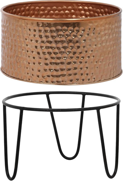 MyGift Modern Hammered Copper Tone Planter Pot, 8 and 10 Inch Metal Round Plant Container with Matte Black Wire Stand, Set of 2 - Handcrafted in India