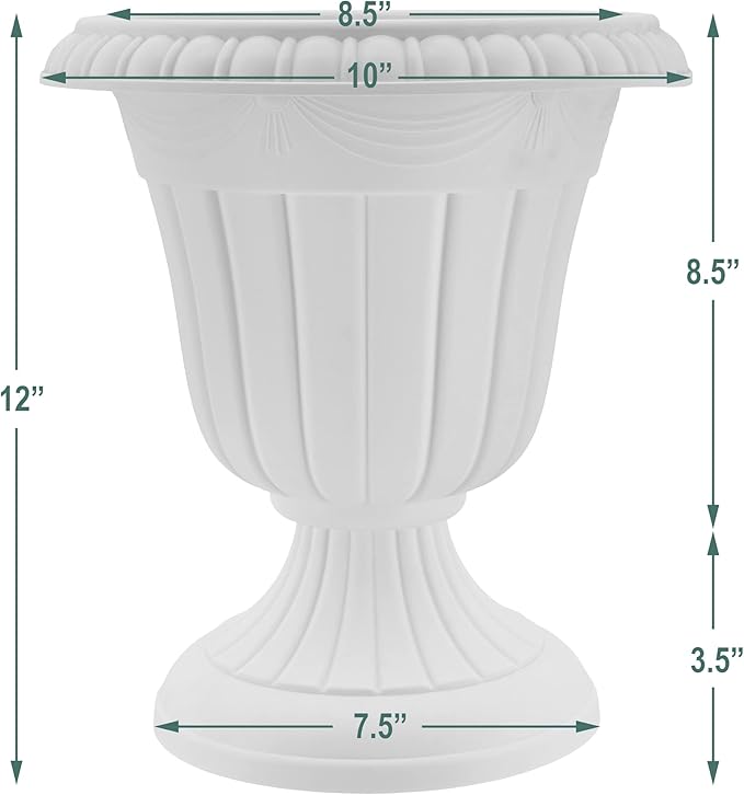 Arcadia Garden Products PL20BK Classic Traditional Plastic Urn Planter, Indoor or Outdoor Garden Decor, Flower Pot Vase 10x12 - Black