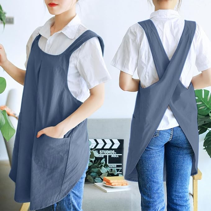 NEWGEM Japanese Linen Cross Back Cooking Aprons for Women Men with Pockets Cute for Baking Kitchen