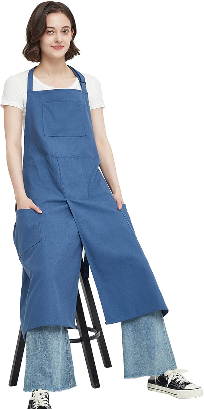 Pottery Apron with Split Leg, Long Unisex Artist Aprons with 3 Pockets for Ceramics & Clay