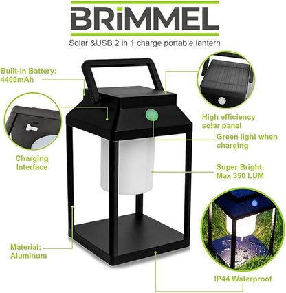 Solar Outdoor Lantern Aluminum LED Portable Rechargeable Table Lamp 35W 3000K Outdoor Nightstand Lamp IP44 Waterproof Cordless Touch Control USB Solar 2 in 1 Hand Light for Patio, Black
