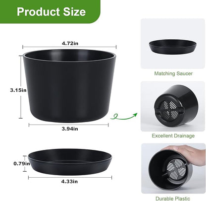 4.7 Inch Plastic Plant Pots 8 Pack, Round Classic Planters with Drainage Holes and Saucers for Indoor Outdoor Plants, Perfect for African Violet, Snake Plant, Succulents (Black)