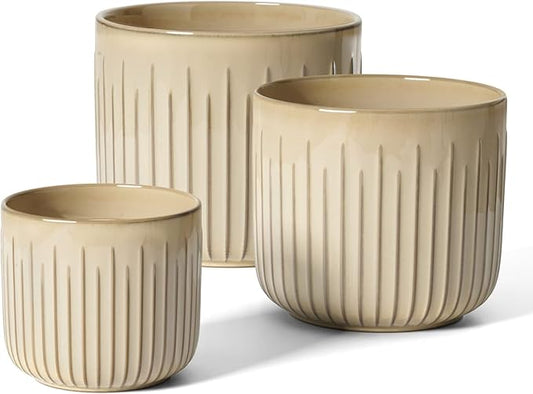 LE TAUCI Fluted Ceramic Pots for Plants, 8.3/7/6 Inch Indoor Planters with Drainage Holes & Mesh, Modern Glossy Glaze Cylinder Plant Pot for Snake Plant, Set of 3, Sand Beige