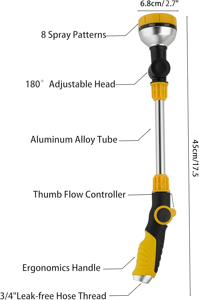 17.5" Multi-Pattern Watering Wand with Thumb Control & 180° Rotating Nozzle | 8 Spray Modes for High-Pressure Cleaning, Pet Bathing, Gardens, Hanging Baskets | Fits Standard Garden Hoses