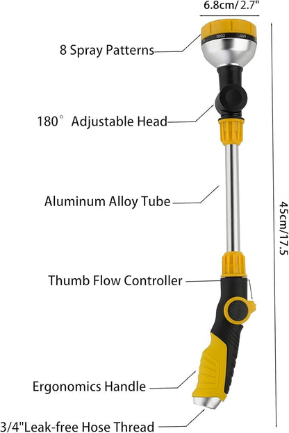 17.5" Multi-Pattern Watering Wand with Thumb Control & 180° Rotating Nozzle | 8 Spray Modes for High-Pressure Cleaning, Pet Bathing, Gardens, Hanging Baskets | Fits Standard Garden Hoses