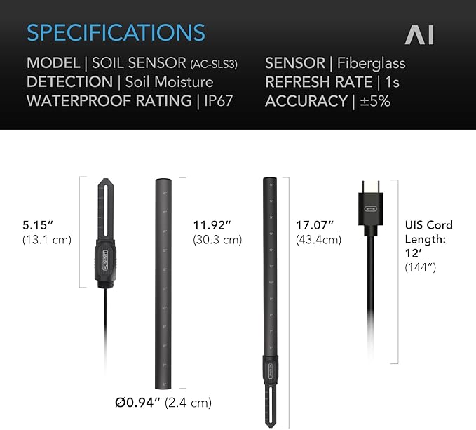 AC Infinity Soil Sensor Probe Exclusively for AI Controllers, Monitor Moisture & Saturation for Gardens, Grow Tents, Grow Spaces, Detachable Stem, IP67 Seal Protection
