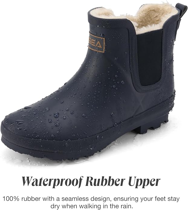 HISEA Women's Plush Rain Boots Waterproof, Chelsea Rubber Booties Women, Ladies Ankle Snow Boots for Winter Spring Garden Outdoor