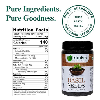 Nutriwish Basil Seeds 17.6 oz (500 g) | 100% Natural, Raw & Gluten-Free | Perfect for Smoothies, Drinks & Desserts