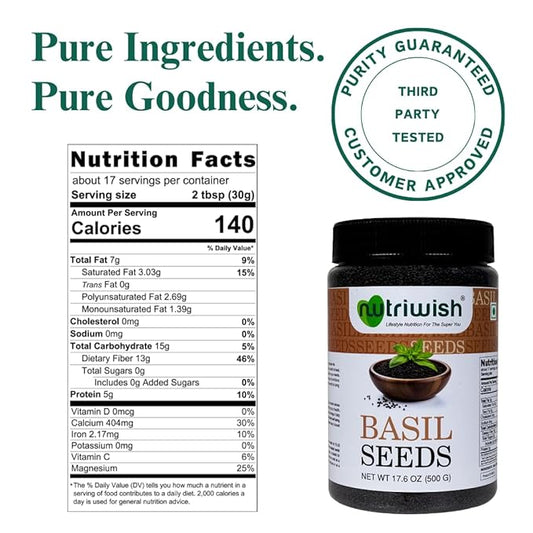 Nutriwish Basil Seeds 17.6 oz (500 g) | 100% Natural, Raw & Gluten-Free | Perfect for Smoothies, Drinks & Desserts