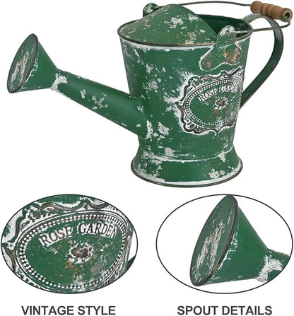 Vintage Metal Watering Can with Wooden Handle, Watering Can for Indoor/Outdoor Plants, Shabby Chic Decor for Home Balcony Courtyard Garden Green