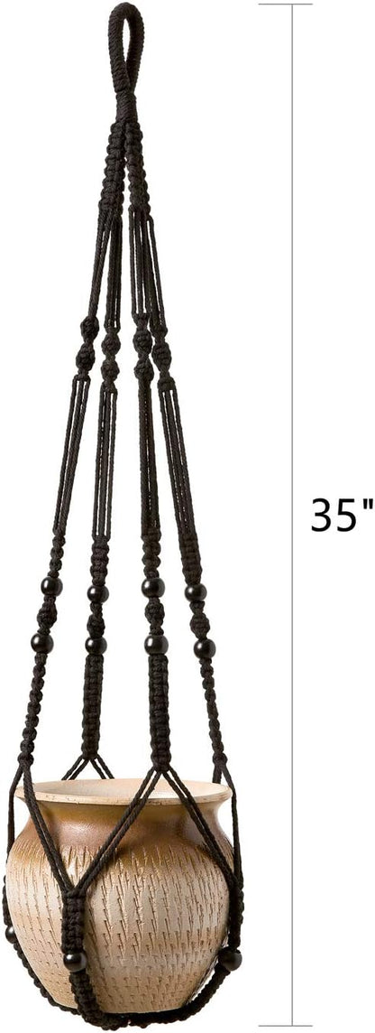 Mkono Macrame Plant Hanger Indoor Hanging Planter Basket and Ceiling Hooks, Wood Beads Decorative Flower Pot Holder for Indoor Outdoor Boho Home Decor, Black，Set of 2