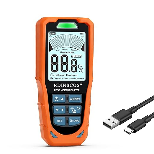 RDINSCOS Pinless Moisture Meter, 6-in-1 Moisture Detector Non-Destructive Humidity Tester for Wood,Drywall, Plaster, Concrete, Screed & Flooring with Audible Alarm & Rechargeable Battery
