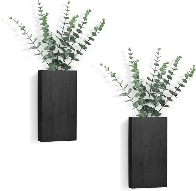 Dahey 2 Pack Wood Wall Planter Vase with Artificial Eucalyptus Farmhouse Wall Hanging Decor Pocket Planter for Indoor Fake Plants Greenery, Living Room Bedroom Kitchen Home Office Decoration, Black
