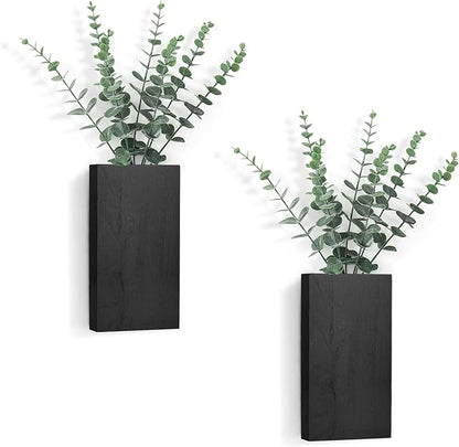 Dahey 2 Pack Wood Wall Planter Vase with Artificial Eucalyptus Farmhouse Wall Hanging Decor Pocket Planter for Indoor Fake Plants Greenery, Living Room Bedroom Kitchen Home Office Decoration, Black