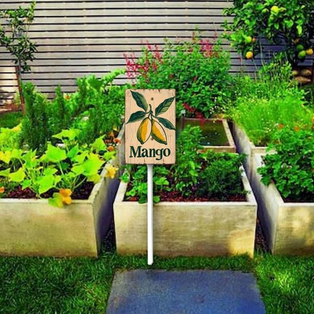 Uptell Vintage Aluminum Mango Fruit Signs Yard Sign with Stake for Garden Fruit Garden Label Stakes Plant Markers for Outdoor Plants Waterproof 8x12 inch