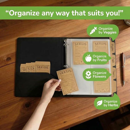 Seed Storage Organizer Binder – Holds 100 Seed Packets, Seed Packet Organizer Book w/Side Loading Sleeves, 4 Kraft Paper Dividers, Extra Pockets, 10 Blank Envelopes, Gift for Garden Enthusiasts.