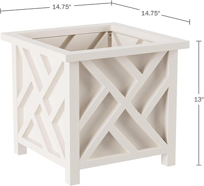 Lattice Design Outdoor Planter Box - 14.75” Square 13” Tall White Plant Pot - Decorative Plant Pots for Front Porch Decor - Flower Pots Outdoor Planters for Porch Patio or Garden Decor by Pure Garden
