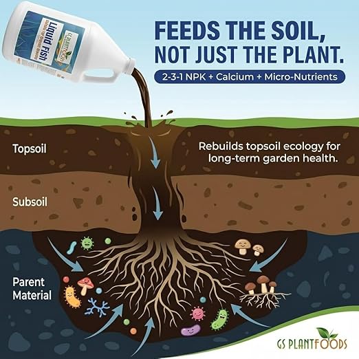 GS Plant Foods Liquid Fish Fertilizer - Organic Material Review Institute Listed (5 Gallons) – Natural Hydrolyzed Fish Fertilizer for Gardens, Lawns & Container Growing