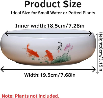 Lotus Bowl Planter, Ceramic Water Lily Bowl, Hydroponic Bonsai Lotus Bowls for Water Plants Indoor, Succulent Pots, Leak-Proof Design, Ode to Lotus and Fish Delight (7.68in*3.15in)