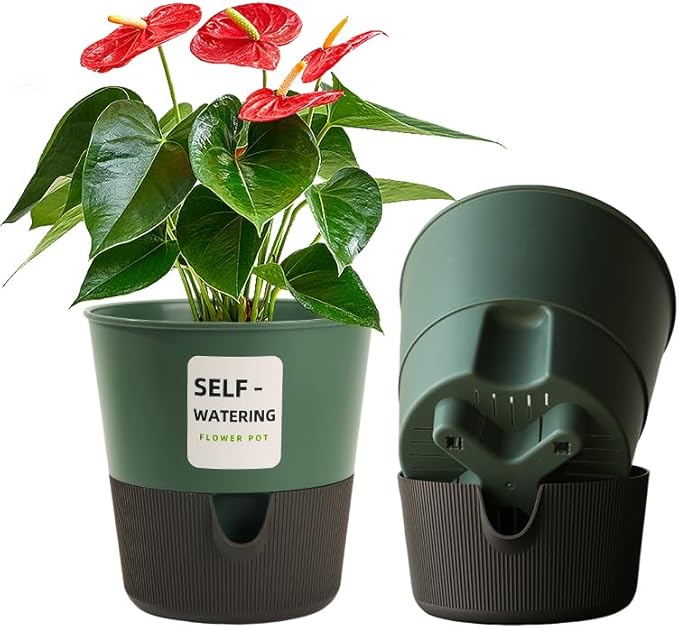 5/6.5/7.5 Inch Self Watering Pots for Indoor/Outdoor,2 Pack Plastic Planters for Indoor Plants with Drainage Holes and Saucers, Modern Decorative Flower Pot for Plants (Green, 6.5 inch)