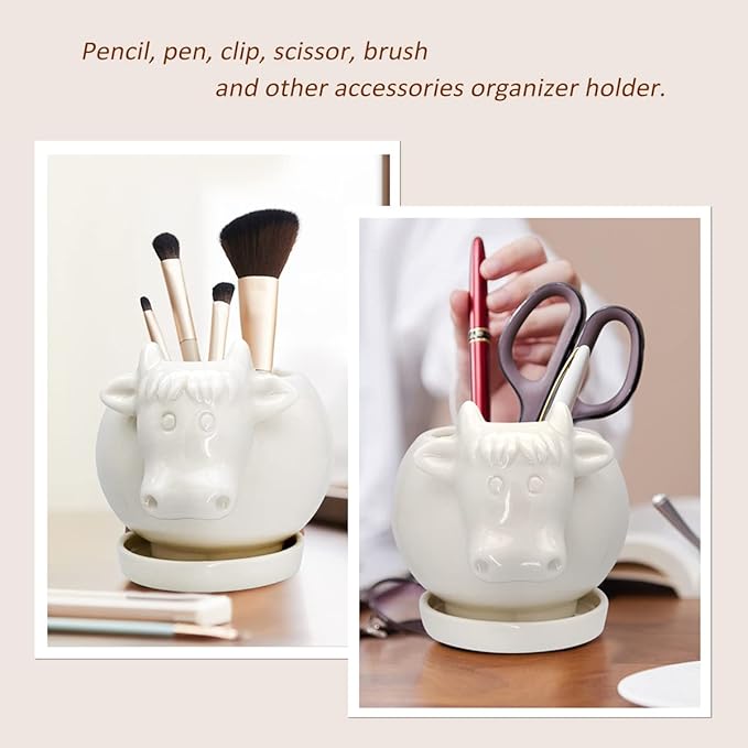 GeLive White Cow Planter, Cute Cartoon Plant Pot, Small Ceramic Succulent Pot, Fun Air Plant Holder, Pencil Holder Brush Organizer Animal Tabletop Decor Indoor Mini Cow Figurines Statue Funny Gift