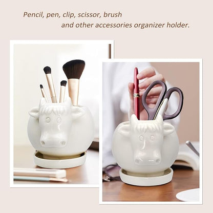 GeLive White Cow Planter, Cute Cartoon Plant Pot, Small Ceramic Succulent Pot, Fun Air Plant Holder, Pencil Holder Brush Organizer Animal Tabletop Decor Indoor Mini Cow Figurines Statue Funny Gift