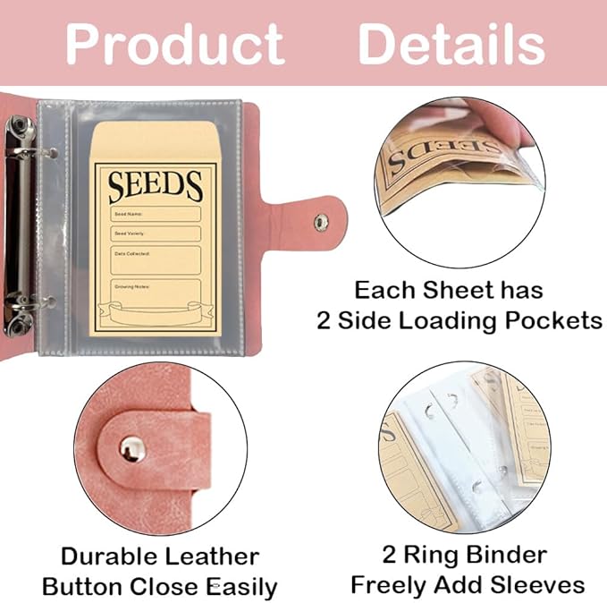 Seed Storage Organizer Binder, PU Seed Packet Organizer with 50 Clear Pockets(25 Pack Sheet Sleeves) and 50 Pack Seed Envelopes, Garden Seed Holder Book, Pink Flower Plant Seed Keeper