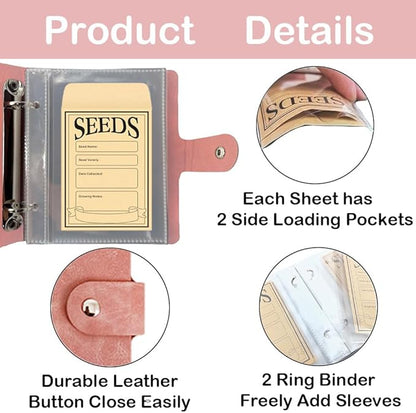Seed Storage Organizer Binder, PU Seed Packet Organizer with 50 Clear Pockets(25 Pack Sheet Sleeves) and 50 Pack Seed Envelopes, Garden Seed Holder Book, Pink Flower Plant Seed Keeper