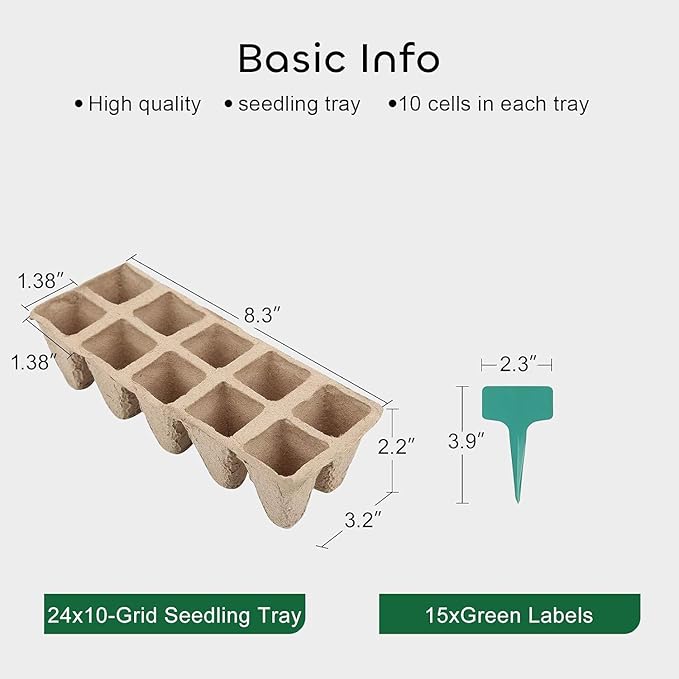 GROWNEER 240 Cells Peat Pots Seed Starter Trays, 24 Packs Biodegradable Seedling Pots Germination Trays, Organic Plant Starter Kit with 15 Pcs Plant Labels