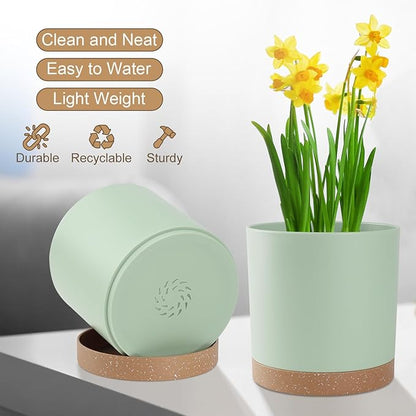 Plant Pots with Drainage Holes and Saucers – 7, 6.5, 6, 5, 4 Inch Plastic Planters for Indoor Outdoor Plants, Modern Matte Finish, Lightweight & Durable（Green）