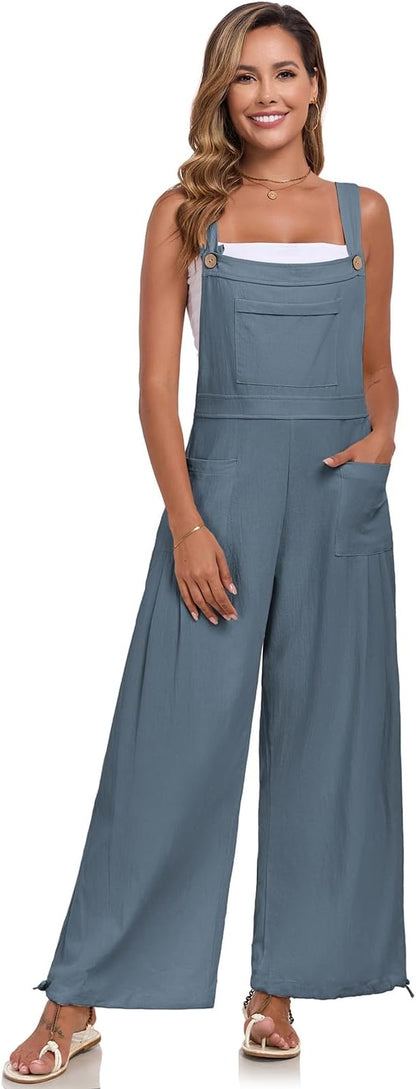 ALSOGO Womens Wide Leg Overalls Loose Beach Vacation Outfits Jumpsuits 2025 Causal Sleeveless Rompers with Pockets