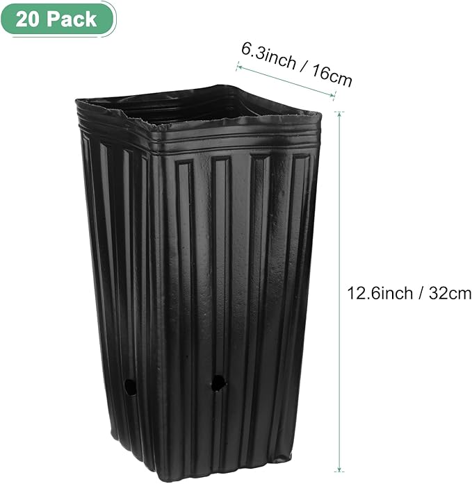20-Pack Plant Nursery Pots, 6.3x6.3x12.6 Inch Plastic Deep Growing Nursery Pots Succulent Planter Flower Tree pots with Drainage Holes for Indoor Outdoor Gardening [Black]