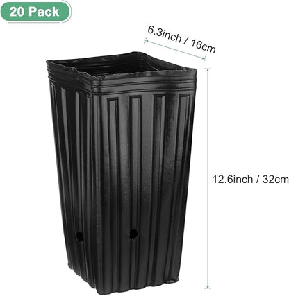 20-Pack Plant Nursery Pots, 6.3x6.3x12.6 Inch Plastic Deep Growing Nursery Pots Succulent Planter Flower Tree pots with Drainage Holes for Indoor Outdoor Gardening [Black]