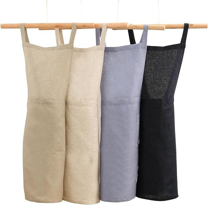 Pure Linen Cross Back Apron Dress, Adjustable Waist & 2 Pockets. Unisex Kitchen & Server Apron, 26.5"x33.5".