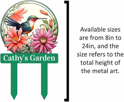 Custom Flowers Bird Garden Sign, Personalized Hummingbird Bird Flowers Garden Stake Metal Sign Garden Decor Sign Yard Art with Stakes, Customized Gardener Name Sign Flower Sign Plaque