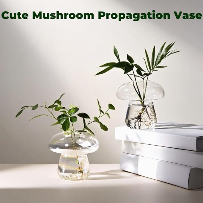 Wall Hanging Mushroom Vase, Small Plant Propagation Stations Cute Mushroom Glass Planter Terrarium Indoor Hydroponic Flower Holder for Elegant Home Decor Gifts, Clear, 2 PCS