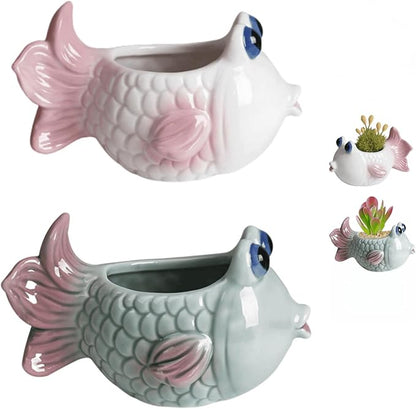 2 PCS Cute Succulent Planter Pot, Ceramic Cactus Flower Container, Small Unique Indoor Air Plants Holder (1White and 1Green)