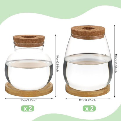 Layhit 4 Pcs Plants Propagation Stations vases Glass Planters with Wooden Lid and Bamboo Stand for Hydroponic Plants Gardening Gifts for Women Mom Home Office Tabletop Decoration(Lovely Style)