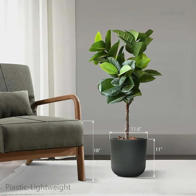 11 Inch Modern Cylinder Planter, Lightweight Weather & UV Resistant Plastic Plant Pot with Drainage Hole & Rubber Plug, Indoor Outdoor Flower Pot for Home, Garden & Office, Fits Monstera, Coal Black