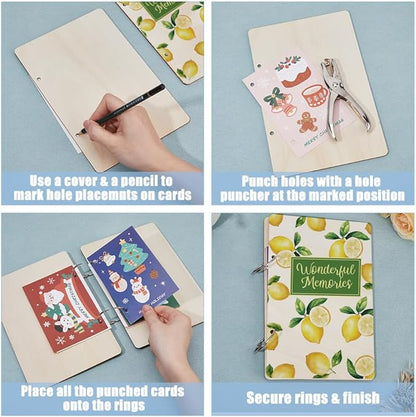 SUPERDANT Wonderful Memories Greeting Card Organizer Planning Book Binder Card Keeper Birthday Cards Holder Lemon Wooden Keeper Binder Photo Album 2-Rings Cover with Punch and 20pcs Inner Pockets