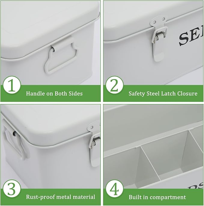 4 Dividers Seed Storage Box, Metal Seed Box Seed Storage Organizer with Safety Lock, Portable Garden Seed Bin, Professional All-in-one Kit, White