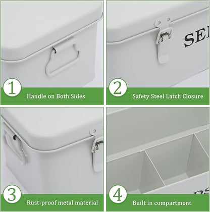 4 Dividers Seed Storage Box, Metal Seed Box Seed Storage Organizer with Safety Lock, Portable Garden Seed Bin, Professional All-in-one Kit, White