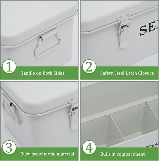 4 Dividers Seed Storage Box, Metal Seed Box Seed Storage Organizer with Safety Lock, Portable Garden Seed Bin, Professional All-in-one Kit, White