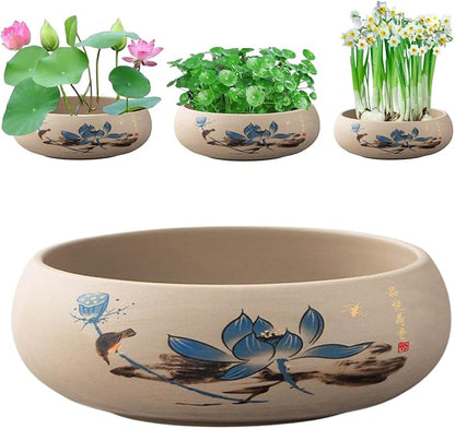 Ceramic Lotus Bowl Planter, Lotus Pots for Water Plants Indoor, Large Caliber Flow Glaze Non-Porous Hydroponic Container, Succulent Pots, Blue Lotus Leaf(6.5in*2.17in)