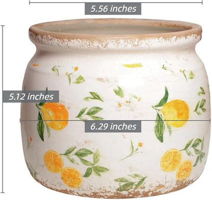 Retro Lemon Ceramic Planters, 6.29 Inch Vintage Plant Pots Indoor with Drainage, Yellow Rustic Crackle Glaze Pottery Flower Vase, Home & Kitchen Decor for Room Bookshelf Dining Table, Gifts for Women