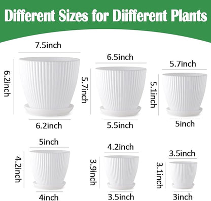 7.5/6.5/5.5/4.9/4.2/3.5 Inch Plant Pots with Drainage Holes and Saucer, Plastic Flower Pots for Indoor Plants, Lightweight Planter Pots for Plants, White